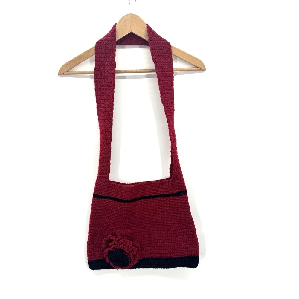 Handmade Womens Crossbody Burgundy Crochet Knit Hobo Bag 3D Rose Coquette Boho